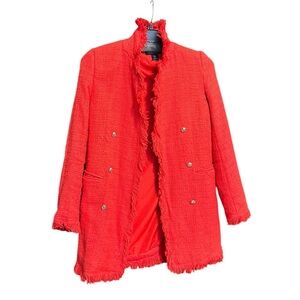 Rachel Zoe Red Tweed Fringe Double Open Front Lined Coat Jacket Medium
